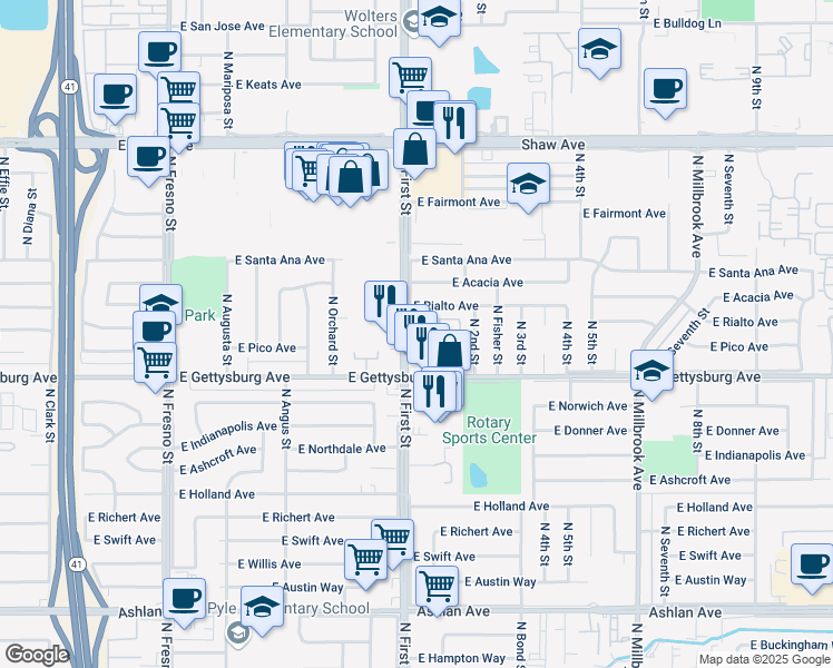 map of restaurants, bars, coffee shops, grocery stores, and more near 4668 North First Street in Fresno