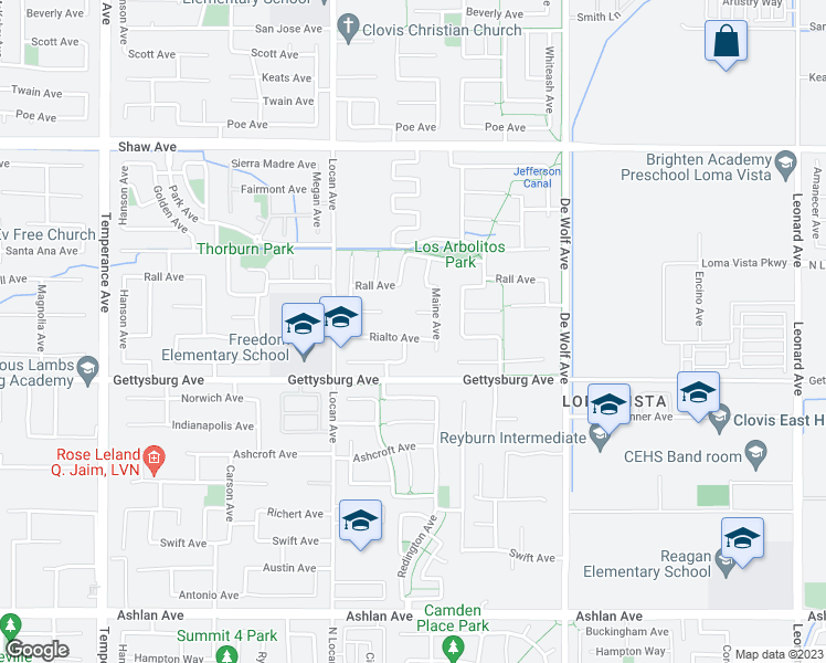 map of restaurants, bars, coffee shops, grocery stores, and more near 3159 Rialto Avenue in Clovis