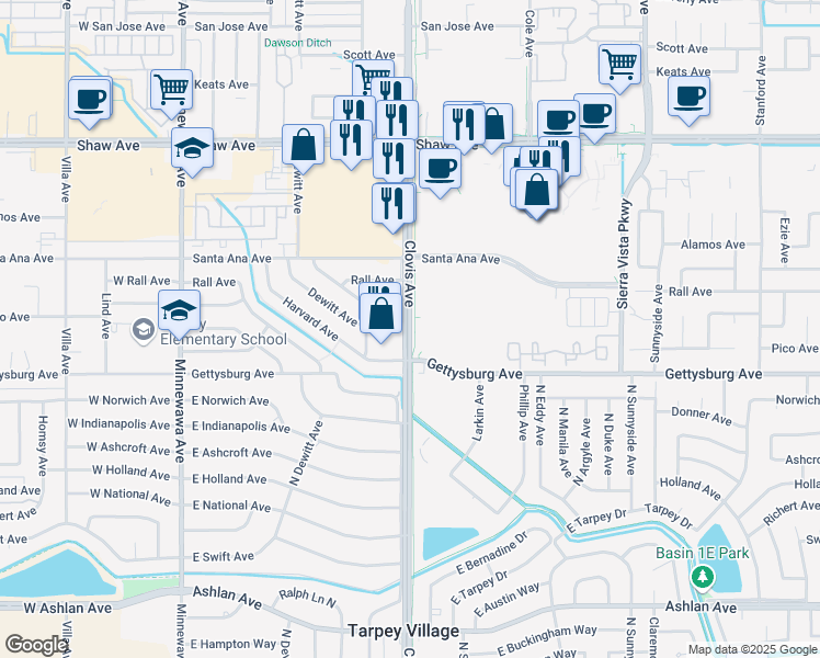map of restaurants, bars, coffee shops, grocery stores, and more near 2555 Clovis Avenue in Clovis