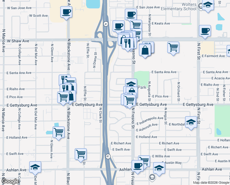 map of restaurants, bars, coffee shops, grocery stores, and more near 2234 East Rialto Avenue in Fresno