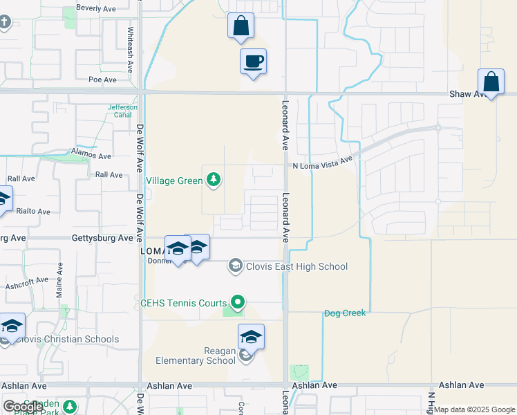 map of restaurants, bars, coffee shops, grocery stores, and more near 3745 Highclere Way in Clovis