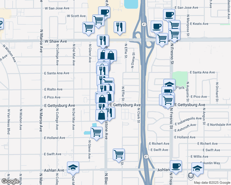 map of restaurants, bars, coffee shops, grocery stores, and more near 1904 East Portola Avenue in Fresno