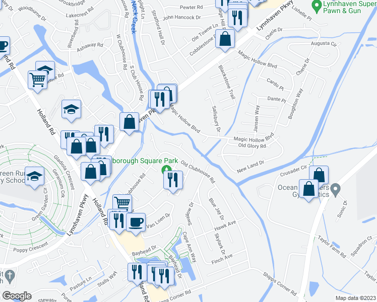 map of restaurants, bars, coffee shops, grocery stores, and more near 3238 Scarborough Way in Virginia Beach