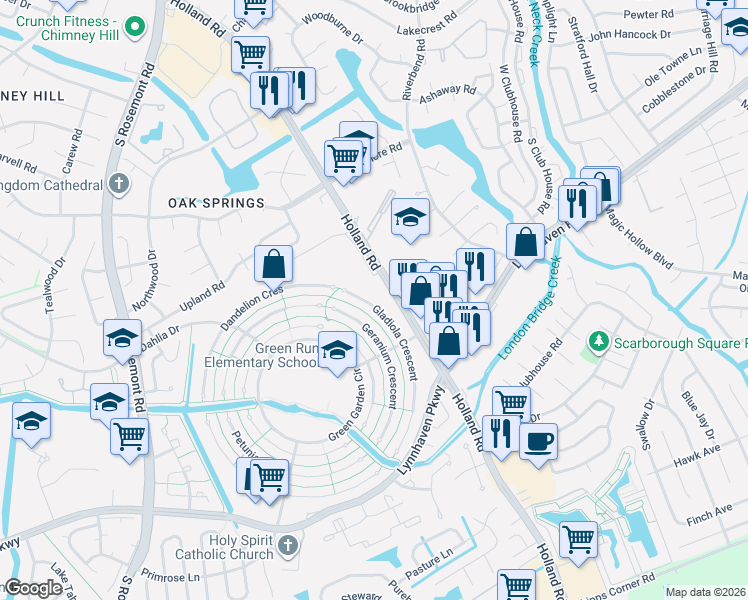 map of restaurants, bars, coffee shops, grocery stores, and more near 1124 Gladiola Crescent in Virginia Beach