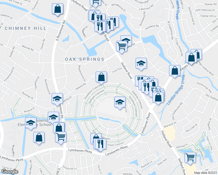 map of restaurants, bars, coffee shops, grocery stores, and more near 3420 Daffodil Crescent in Virginia Beach