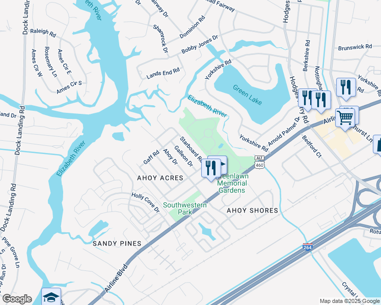 map of restaurants, bars, coffee shops, grocery stores, and more near 3961 Starboard Road in Chesapeake