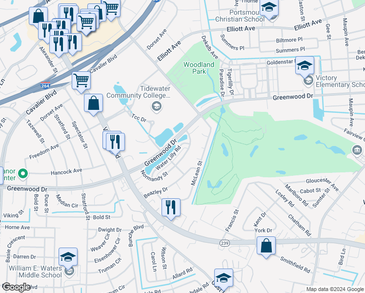 map of restaurants, bars, coffee shops, grocery stores, and more near 507 Water Lilly Road in Portsmouth
