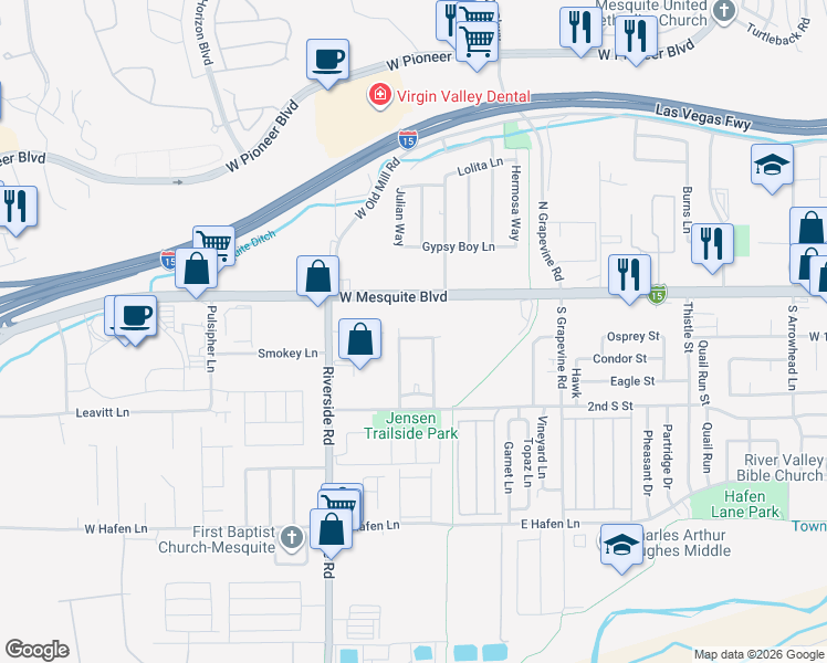 map of restaurants, bars, coffee shops, grocery stores, and more near 721 Ocotillo Lane in Mesquite
