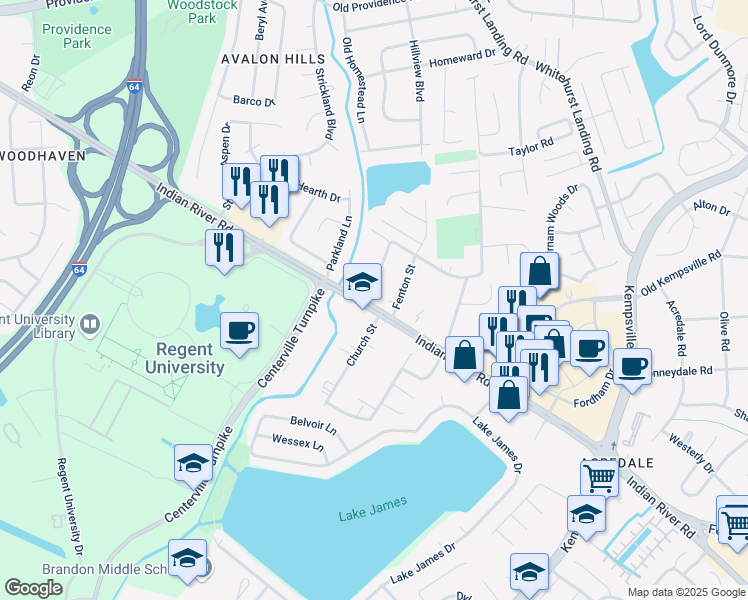map of restaurants, bars, coffee shops, grocery stores, and more near 5556 Indian River Road in Virginia Beach