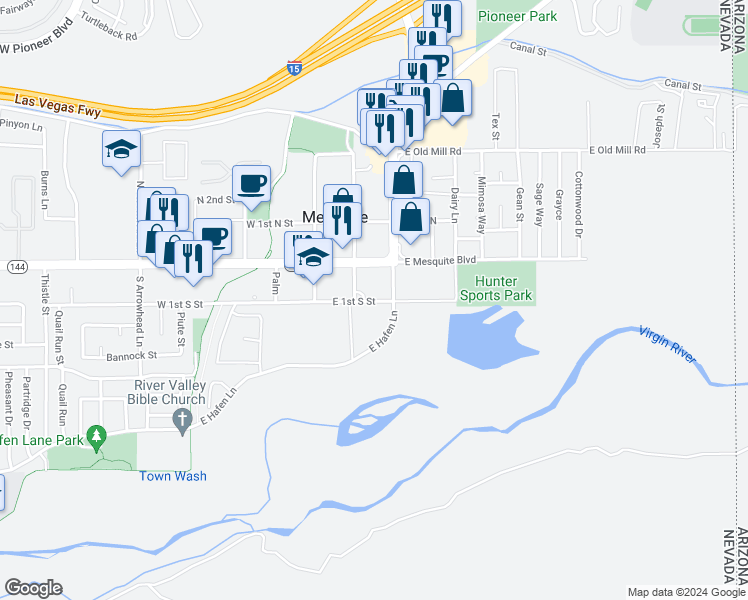 map of restaurants, bars, coffee shops, grocery stores, and more near 100 East 1st South Street in Mesquite