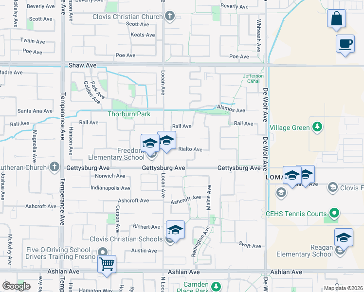 map of restaurants, bars, coffee shops, grocery stores, and more near 3050 Rialto Avenue in Clovis