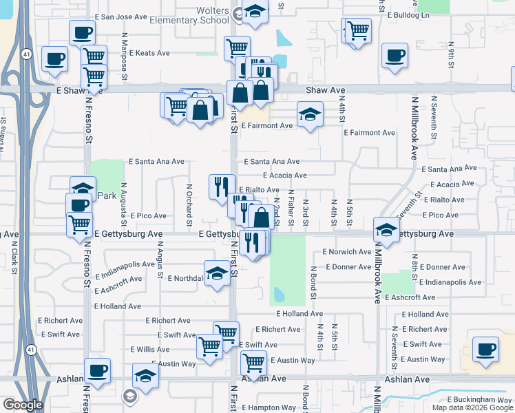 map of restaurants, bars, coffee shops, grocery stores, and more near 4655 North 2nd Street in Fresno