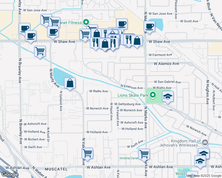 map of restaurants, bars, coffee shops, grocery stores, and more near 3242 West Rialto Avenue in Fresno
