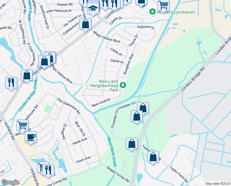map of restaurants, bars, coffee shops, grocery stores, and more near 1286 New Land Drive in Virginia Beach