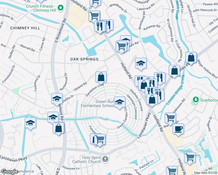 map of restaurants, bars, coffee shops, grocery stores, and more near 3420 Daffodil Crescent in Virginia Beach