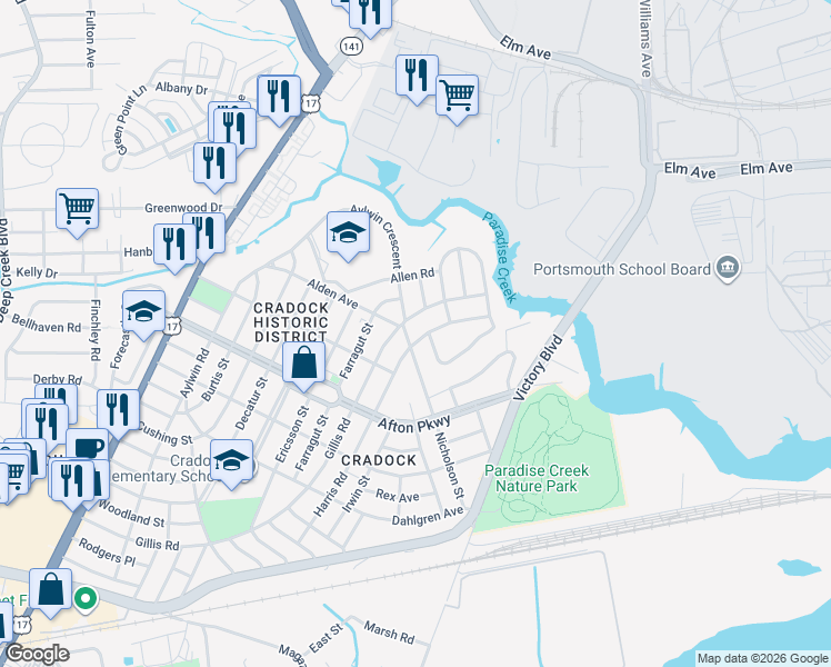 map of restaurants, bars, coffee shops, grocery stores, and more near 24 Harris Road in Portsmouth