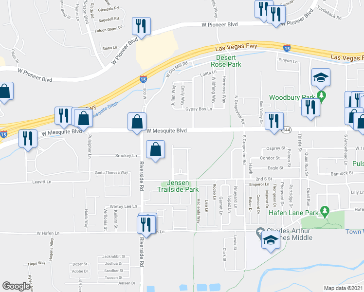 map of restaurants, bars, coffee shops, grocery stores, and more near 721 Ocotillo Lane in Mesquite