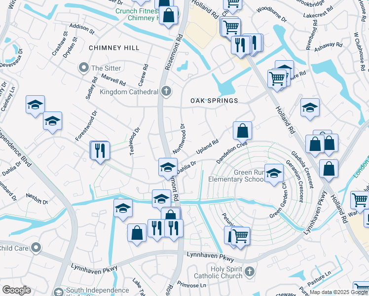 map of restaurants, bars, coffee shops, grocery stores, and more near 3716 Singing Wood Trail in Virginia Beach