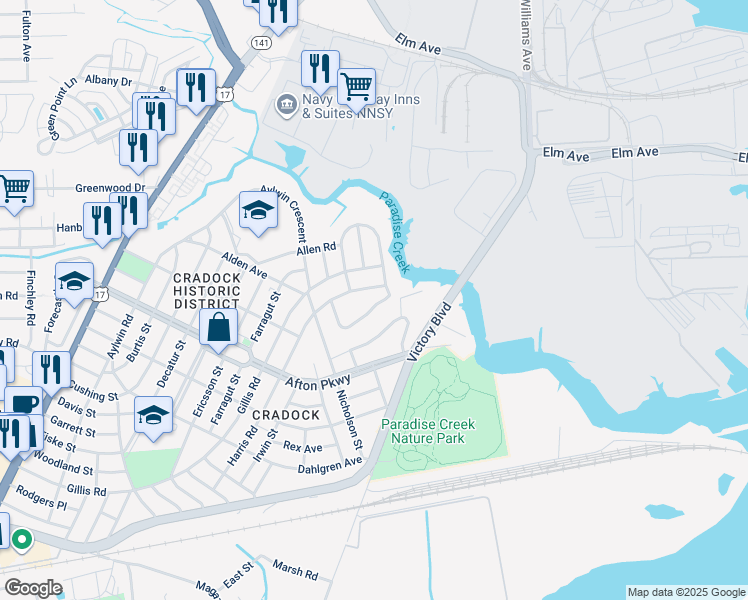 map of restaurants, bars, coffee shops, grocery stores, and more near 11 Cooper Drive in Portsmouth