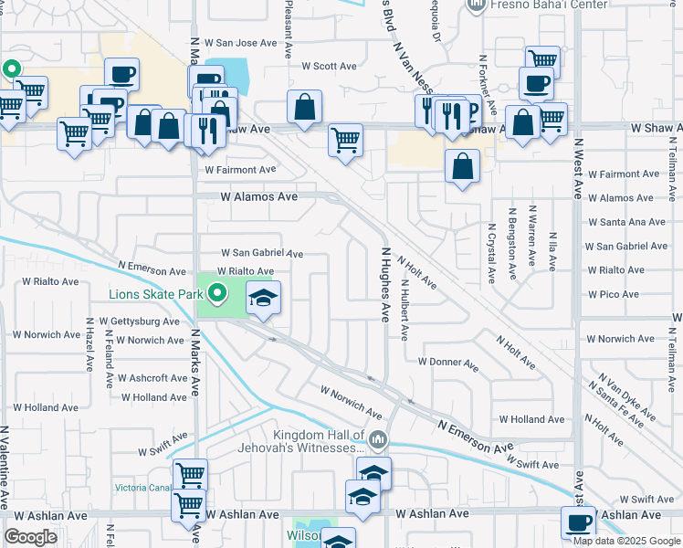 map of restaurants, bars, coffee shops, grocery stores, and more near 4684 North Lorna Avenue in Fresno
