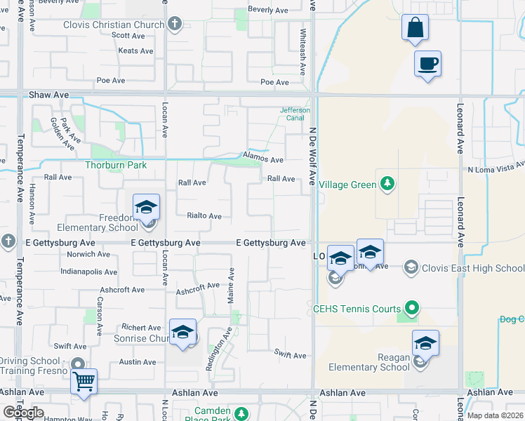 map of restaurants, bars, coffee shops, grocery stores, and more near 3259 Rialto Avenue in Clovis
