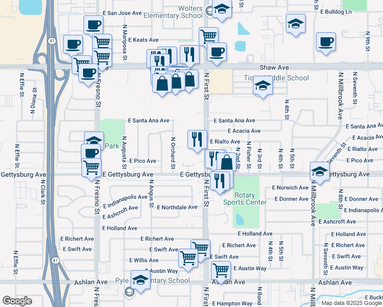 map of restaurants, bars, coffee shops, grocery stores, and more near 4675 North First Street in Fresno