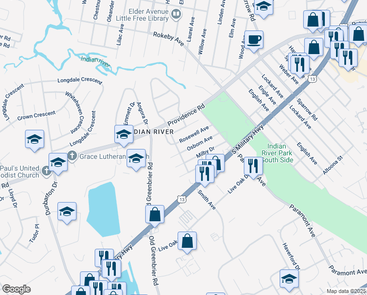 map of restaurants, bars, coffee shops, grocery stores, and more near 702 Osborn Avenue in Chesapeake