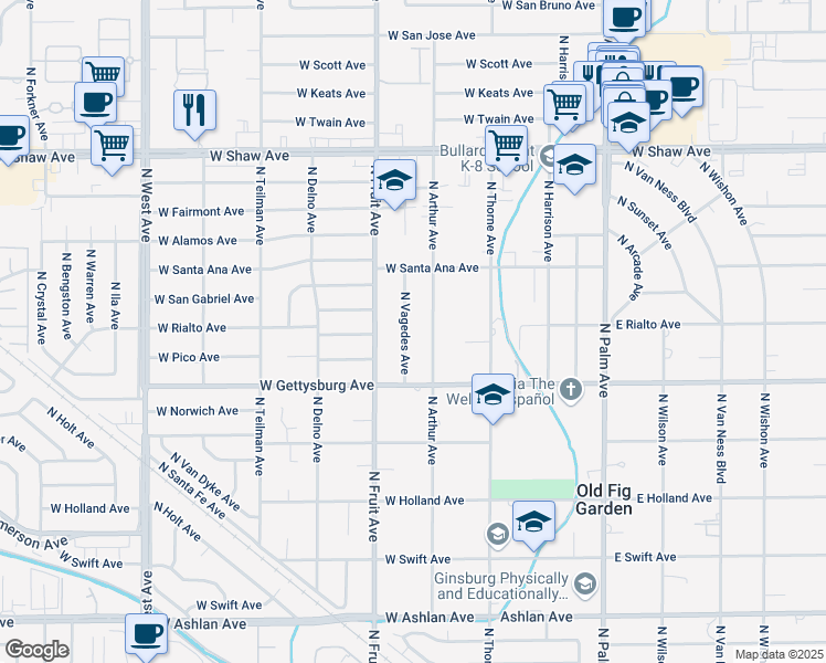 map of restaurants, bars, coffee shops, grocery stores, and more near 4673 North Arthur Avenue in Fresno