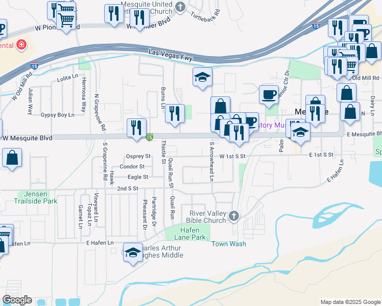 map of restaurants, bars, coffee shops, grocery stores, and more near 445 West 1st South Street in Mesquite