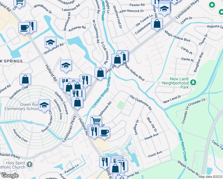 map of restaurants, bars, coffee shops, grocery stores, and more near 3253 Manor Glenn Court in Virginia Beach