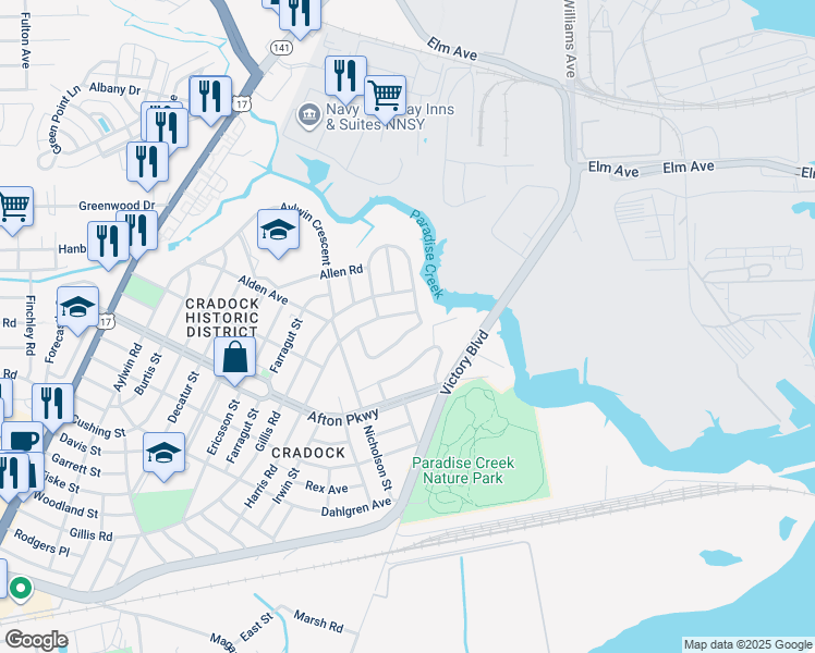 map of restaurants, bars, coffee shops, grocery stores, and more near 11 Cooper Drive in Portsmouth