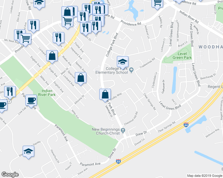 map of restaurants, bars, coffee shops, grocery stores, and more near 6348 Bucknell Circle in Virginia Beach