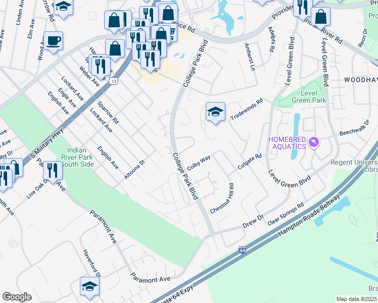 map of restaurants, bars, coffee shops, grocery stores, and more near 6348 Bucknell Circle in Virginia Beach