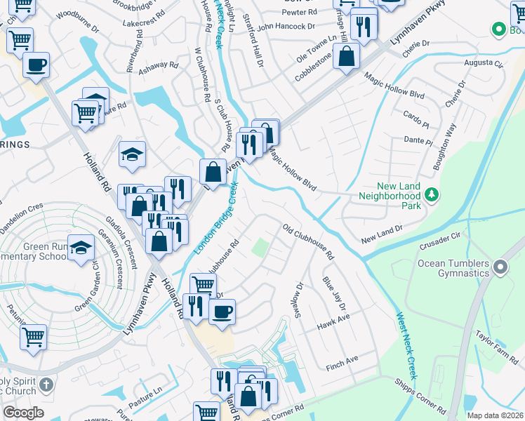 map of restaurants, bars, coffee shops, grocery stores, and more near 3201 Creekside Drive in Virginia Beach