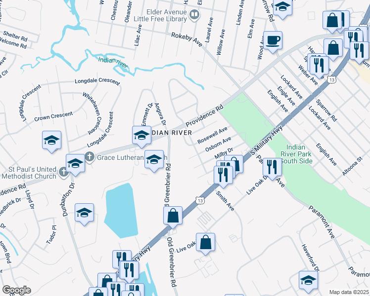map of restaurants, bars, coffee shops, grocery stores, and more near 624 Weston Arch in Chesapeake