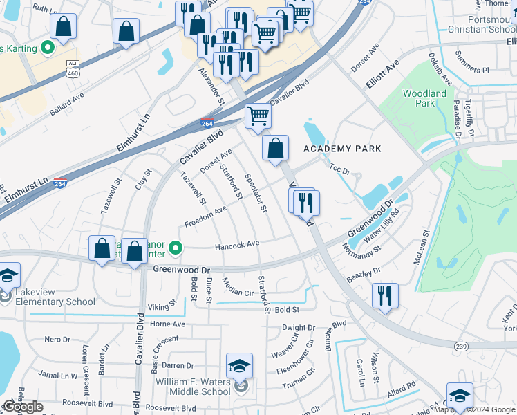map of restaurants, bars, coffee shops, grocery stores, and more near 516 Spectator Street in Portsmouth
