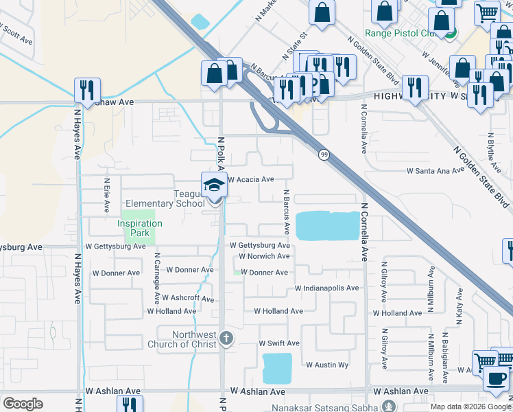 map of restaurants, bars, coffee shops, grocery stores, and more near 5391 West San Gabriel Avenue in Fresno
