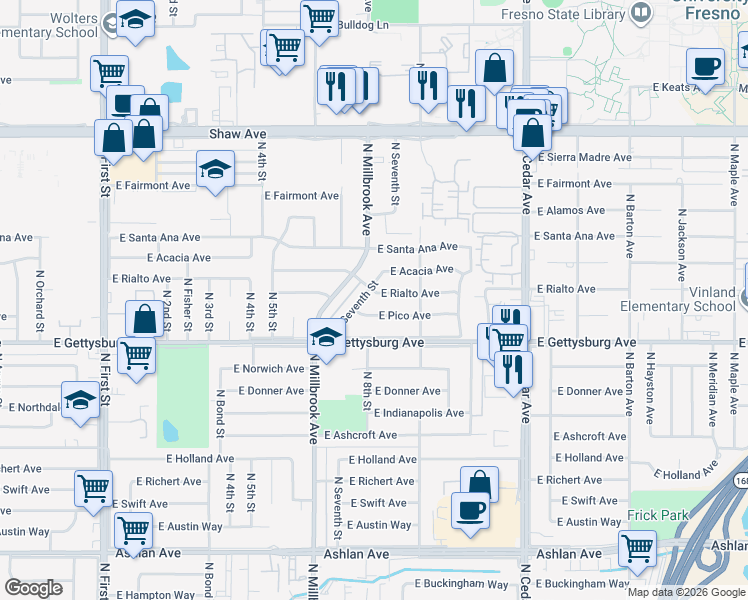 map of restaurants, bars, coffee shops, grocery stores, and more near 3851 East Pico Avenue in Fresno
