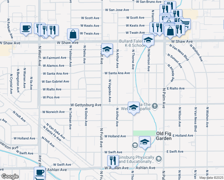 map of restaurants, bars, coffee shops, grocery stores, and more near 4673 North Arthur Avenue in Fresno