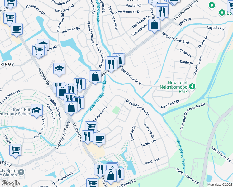 map of restaurants, bars, coffee shops, grocery stores, and more near 3201 Creekside Drive in Virginia Beach