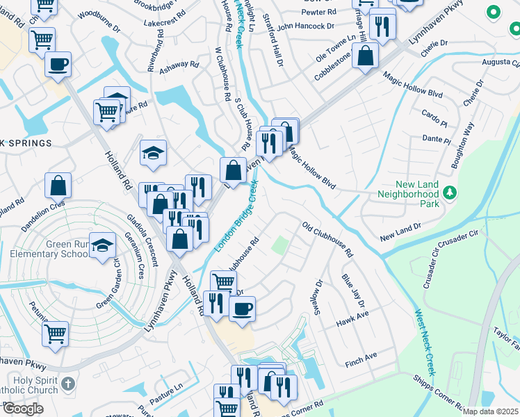 map of restaurants, bars, coffee shops, grocery stores, and more near 3253 Manor Glenn Court in Virginia Beach
