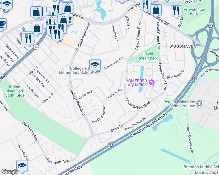 map of restaurants, bars, coffee shops, grocery stores, and more near 6083 Clear Springs Road in Virginia Beach