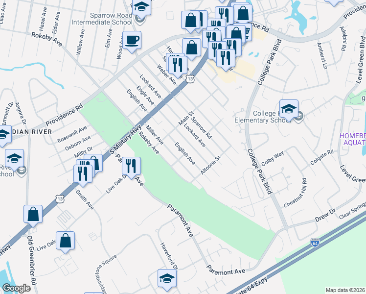 map of restaurants, bars, coffee shops, grocery stores, and more near 2044 English Avenue in Chesapeake