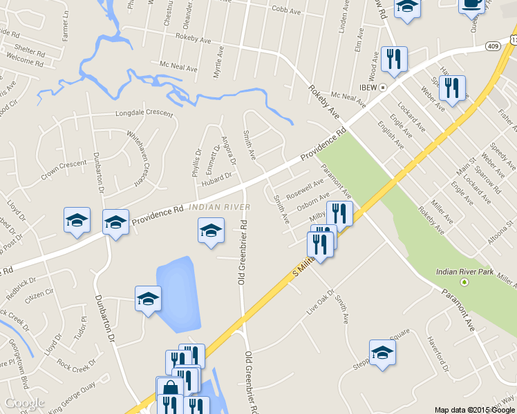 map of restaurants, bars, coffee shops, grocery stores, and more near 2519 Old Greenbrier Road in Chesapeake