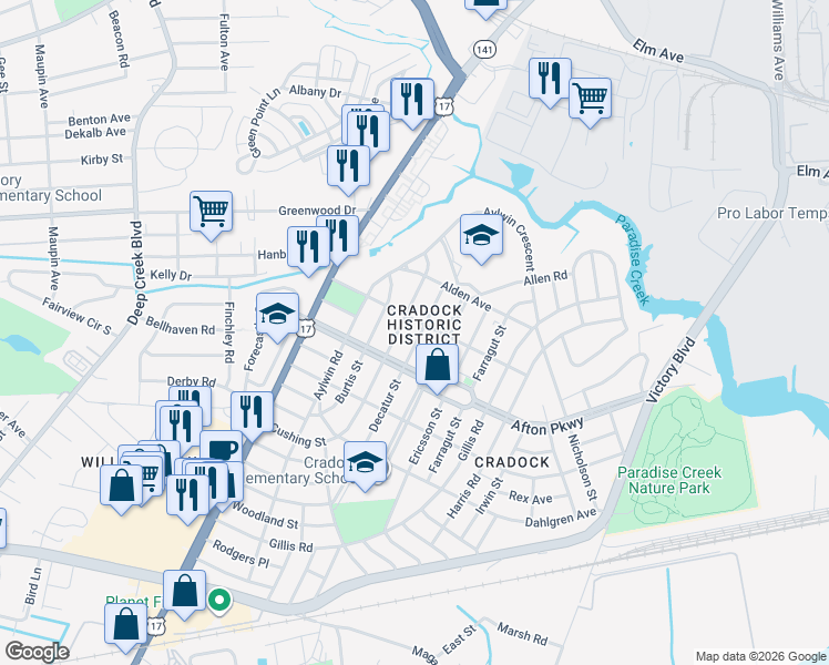 map of restaurants, bars, coffee shops, grocery stores, and more near 35 Decatur Street in Portsmouth