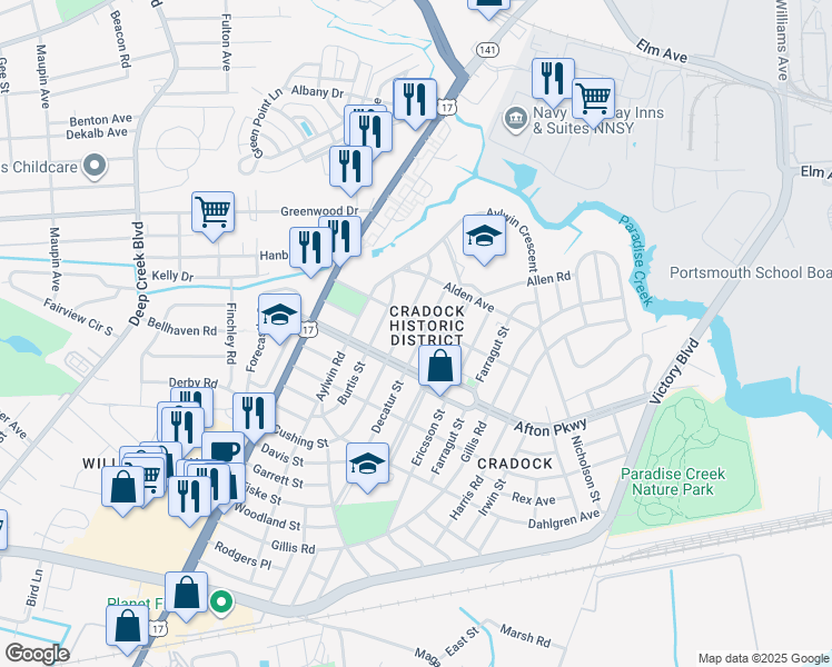 map of restaurants, bars, coffee shops, grocery stores, and more near 35 Decatur Street in Portsmouth