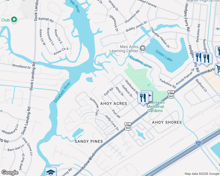 map of restaurants, bars, coffee shops, grocery stores, and more near 1620 Gaff Road in Chesapeake