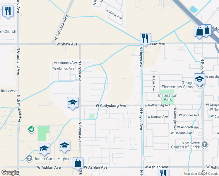 map of restaurants, bars, coffee shops, grocery stores, and more near 4636 North Ensanada Avenue in Fresno