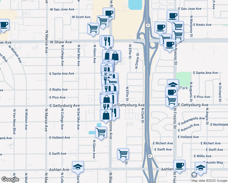 map of restaurants, bars, coffee shops, grocery stores, and more near 4676 North Blackstone Avenue in Fresno