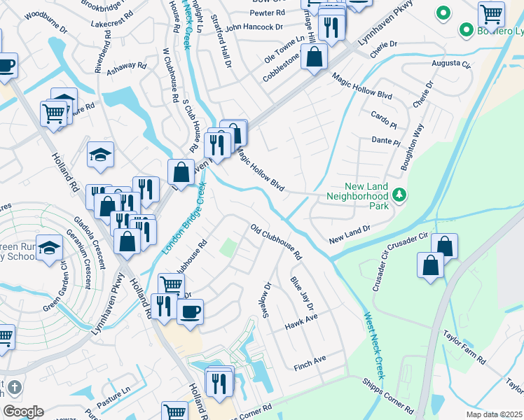 map of restaurants, bars, coffee shops, grocery stores, and more near 3244 Scarborough Way in Virginia Beach